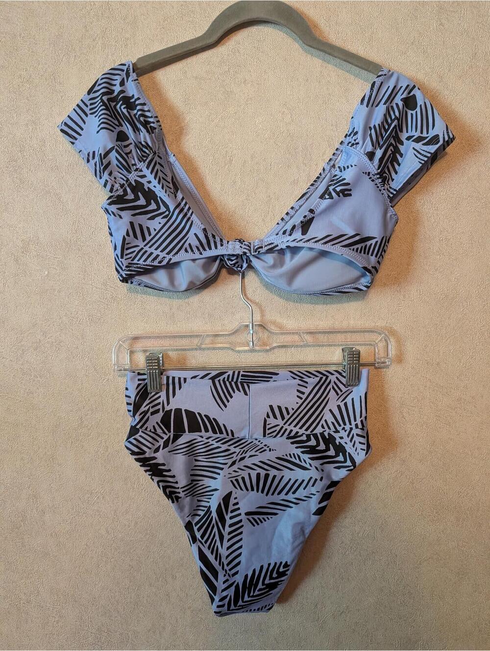 AERIE blue black palm leaf printed short sleeve bikini sz S - Picture 7 of 8